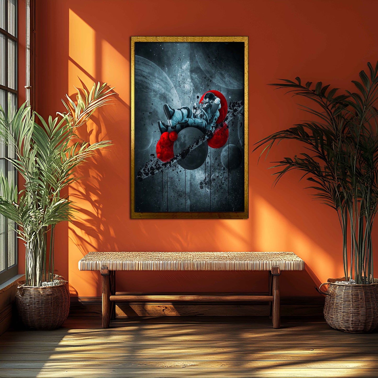 Surreal Astronaut in Red Sphere Space Canvas Painting