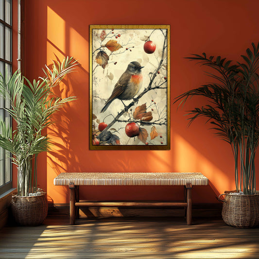 Vintage Autumn Robin & Berries - Rustic Canvas Wall Art