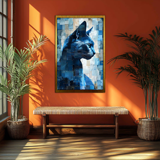 Abstract Blue Cat Collage – Mixed Media Style Canvas Art