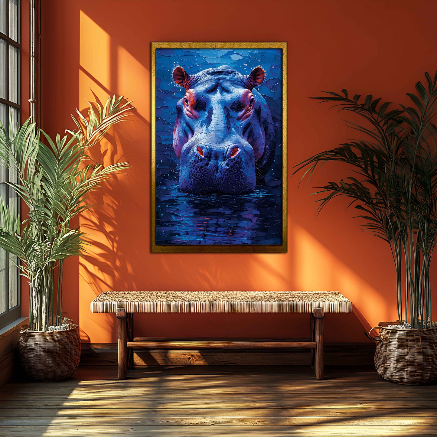 "Midnight Hippo: Textured Mosaic Canvas Painting"