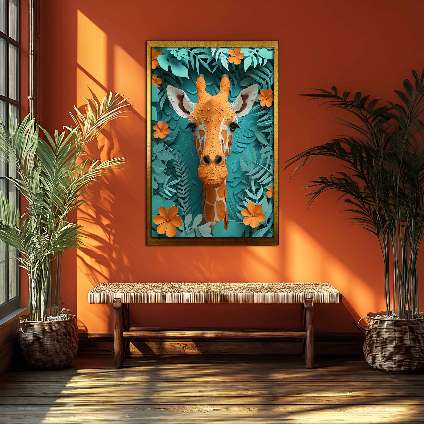 Whimsical Paper-Cut Style Giraffe Canvas Wall Art - Orange & Teal Jungle Decor