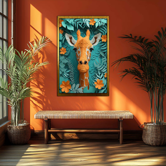 Whimsical Paper-Cut Style Giraffe Canvas Wall Art - Orange & Teal Jungle Decor