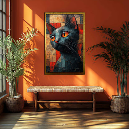 Abstract Cubist Cat Canvas Painting - Modern Geometric Wall Art