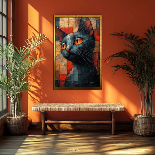 Abstract Cubist Cat Canvas Painting - Modern Geometric Wall Art