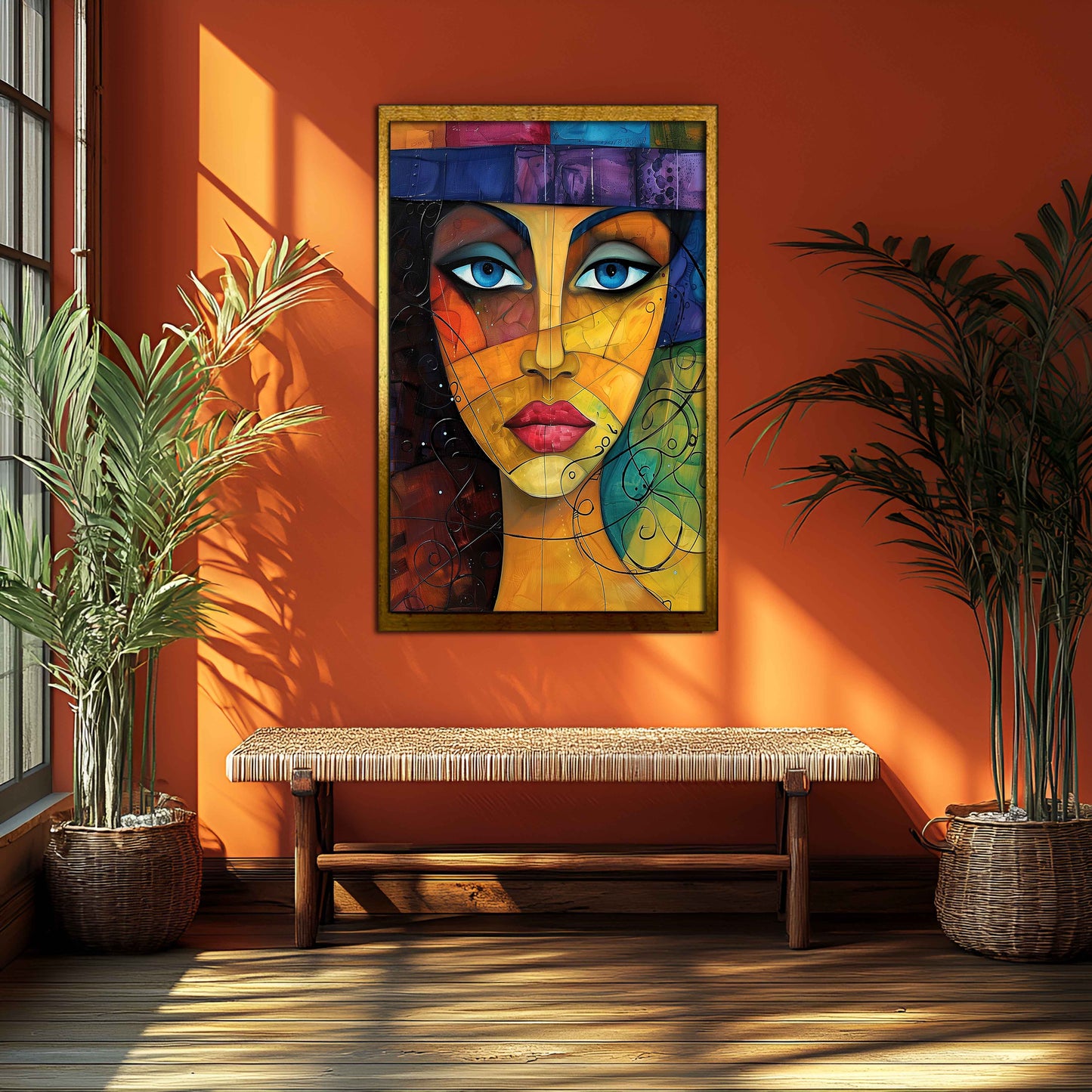 Vibrant Cubist Portrait: Abstract Woman's Face Canvas Painting
