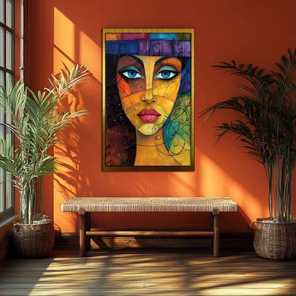 Vibrant Cubist Portrait: Abstract Woman's Face Canvas Painting