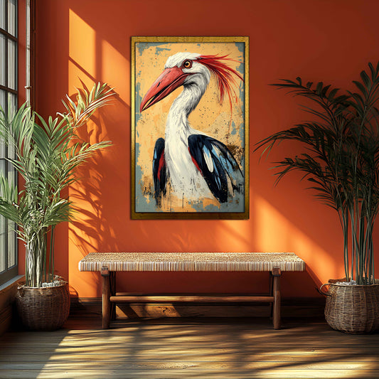 Rustic White Stork Canvas Painting – Illustrative Bird Wall Art Print