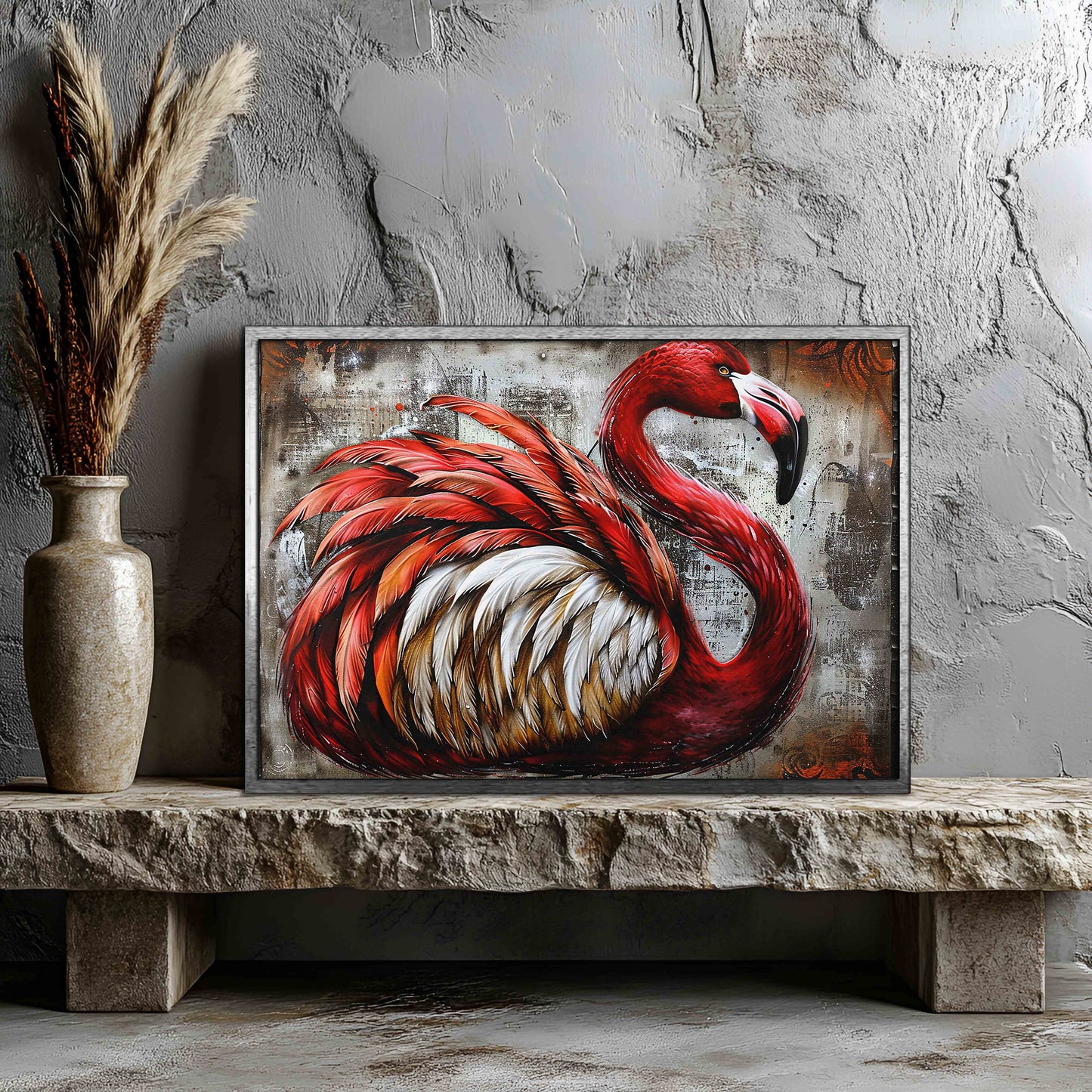 Crimson Majesty: Modern Abstract Flamingo Canvas Wall Art
