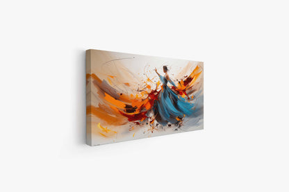 Abstract Woman in Blue Dress Canvas Art - Dynamic Motion Wall Decor - Vibrant Orange and Blue Expressive Painting for Modern Home