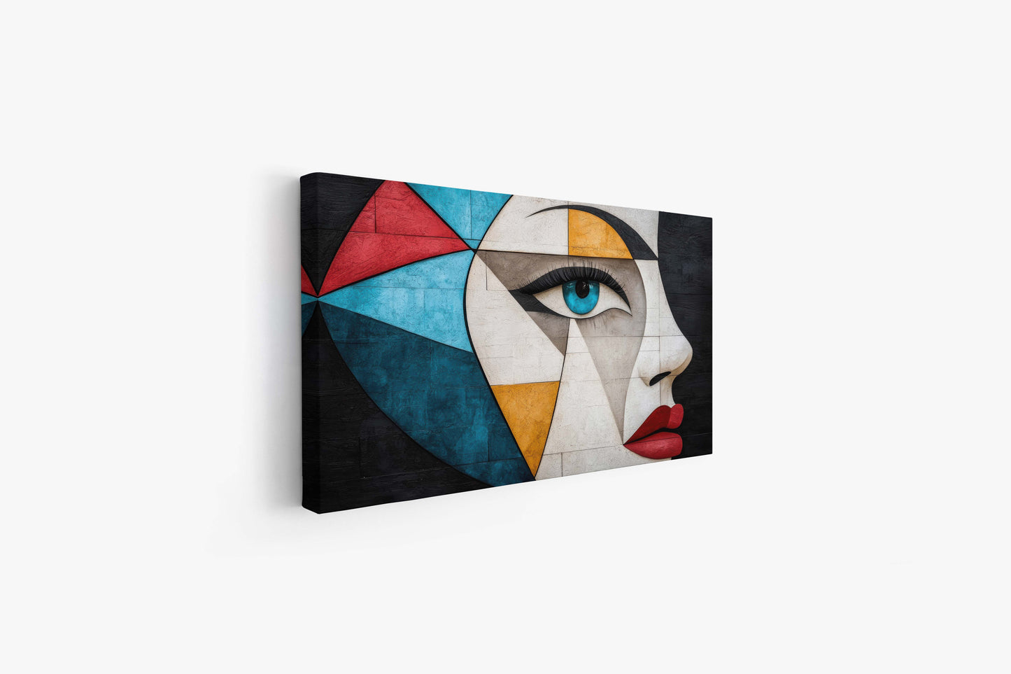 Modern Cubist Profile Canvas Art - Geometric Face Wall Decor - Abstract Blue Eye & Red Lips Print