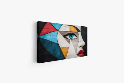Modern Cubist Profile Canvas Art - Geometric Face Wall Decor - Abstract Blue Eye & Red Lips Print