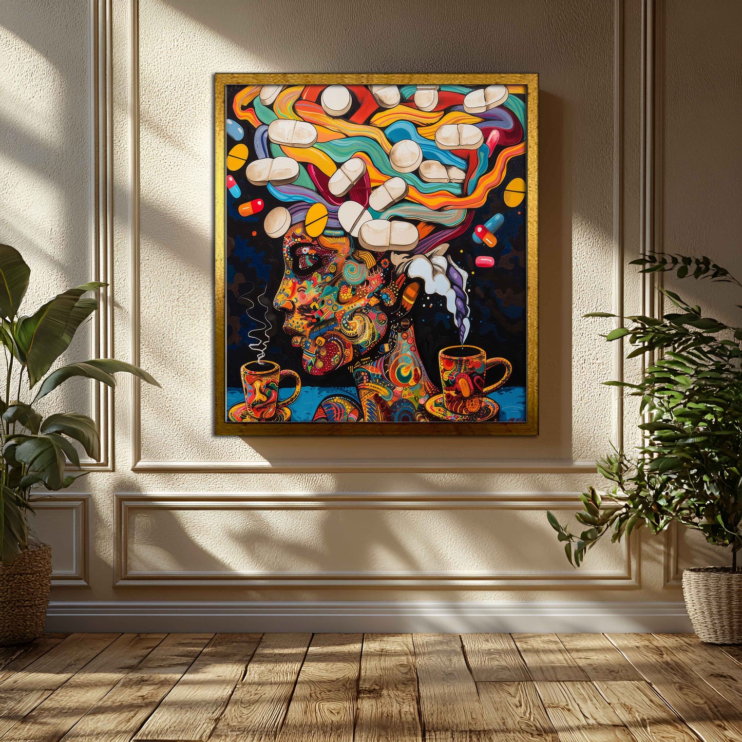 "Cosmic Caffeine and Clarity" - Psychedelic Canvas Painting of Coffee and Pills