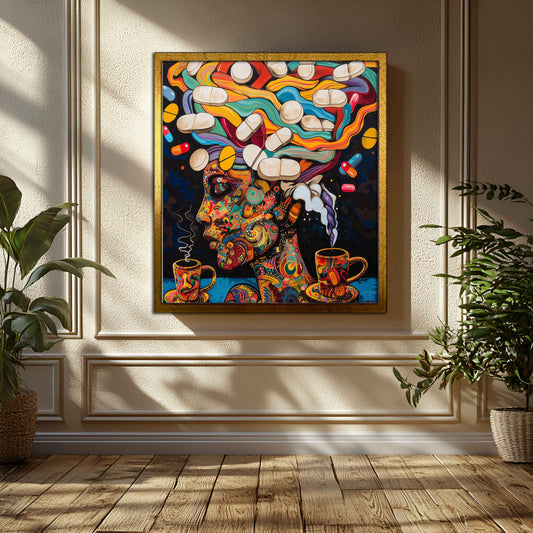 "Cosmic Caffeine and Clarity" - Psychedelic Canvas Painting of Coffee and Pills