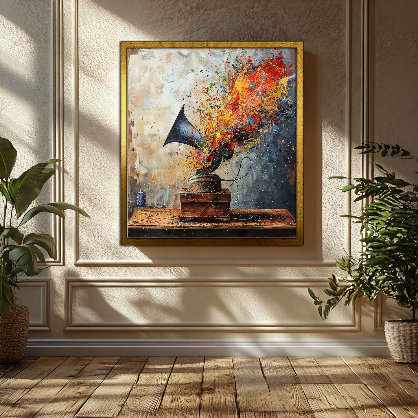 Sonic Spectrum: Explosive Vintage Gramophone Abstract Canvas Art