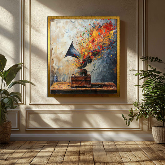 Sonic Spectrum: Explosive Vintage Gramophone Abstract Canvas Art