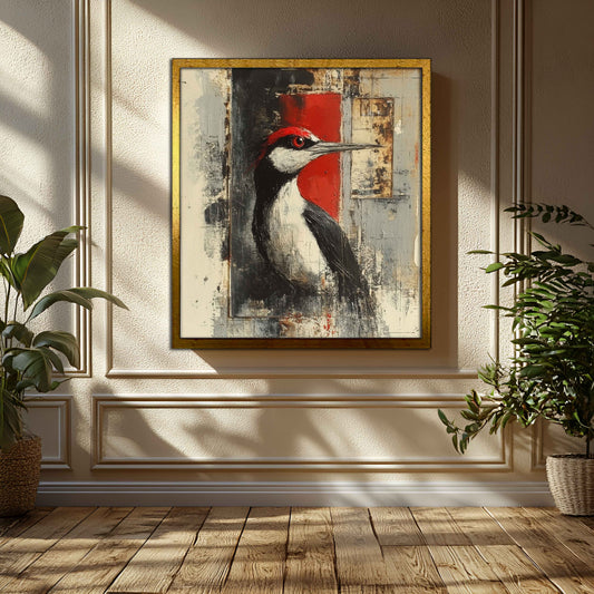 Crimson Crest | Modern Abstract Woodpecker Mixed Media Canvas Art