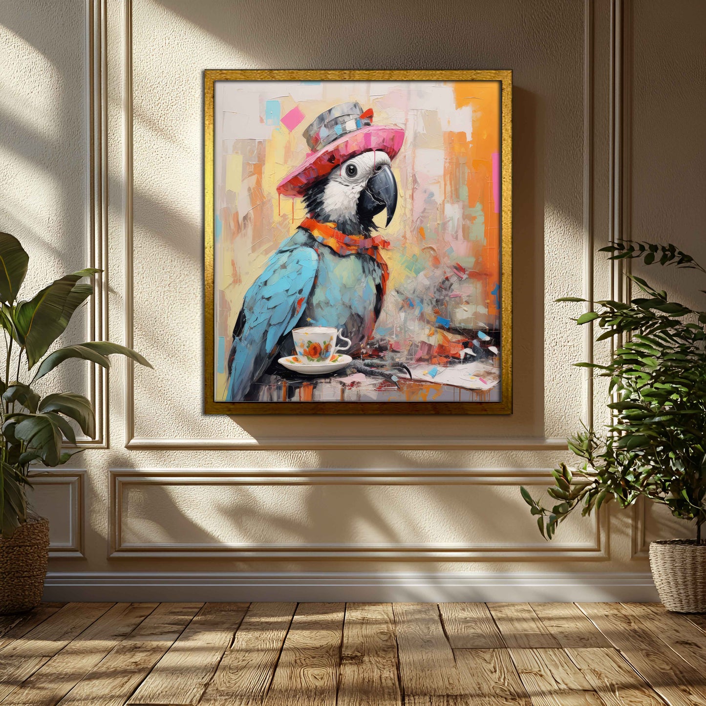 "The Tea Party Traveler" | Whimsical Surrealist Parrot Canvas Art