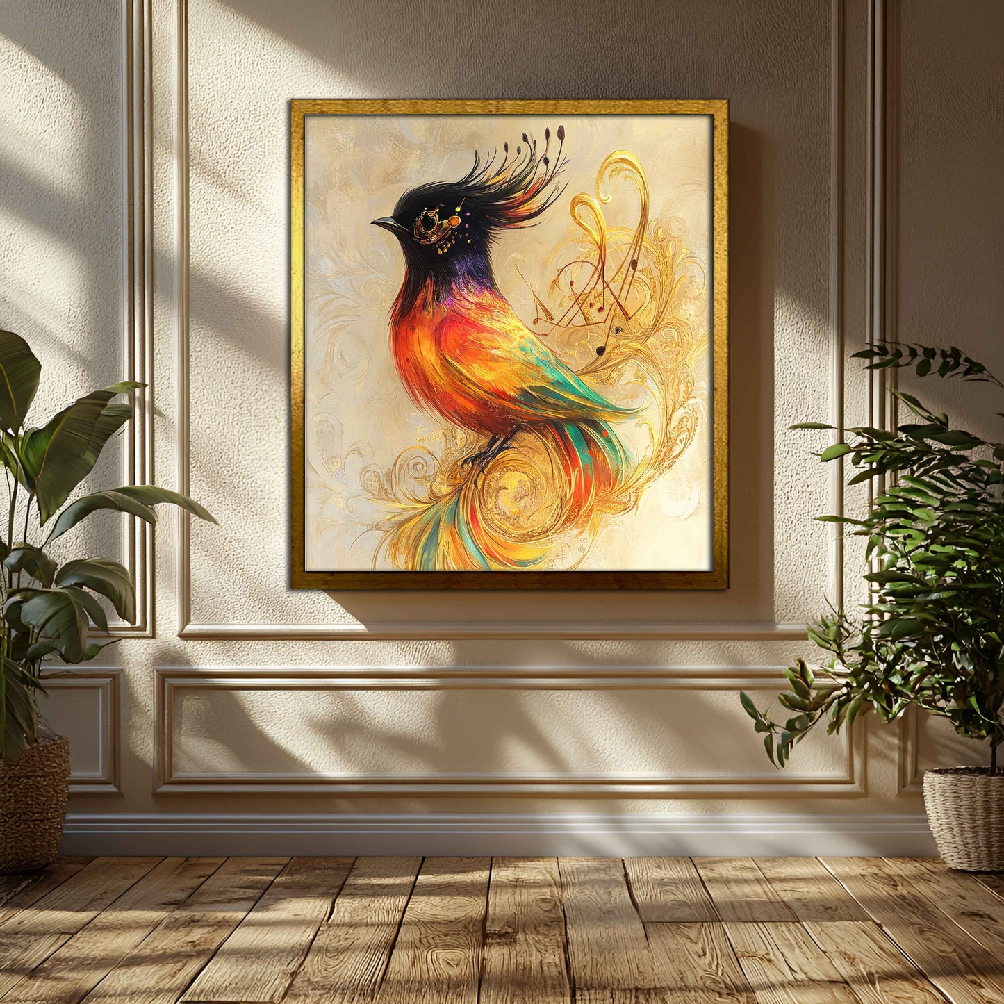 Golden Symphony: Vibrant Canvas Art of a Whimsical Firebird