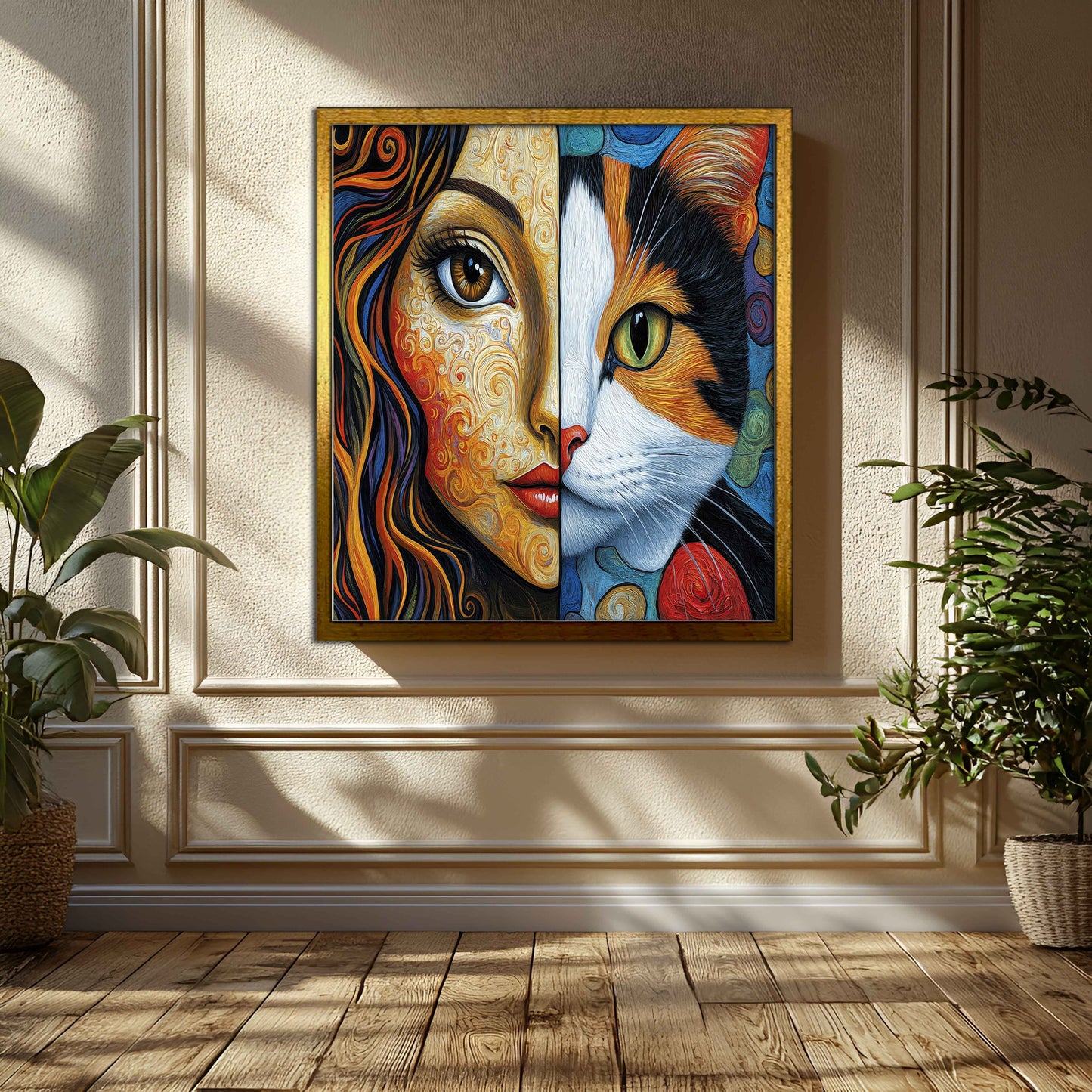 Soul Bond | Vibrant Impasto Woman and Cat Split Portrait Canvas Art