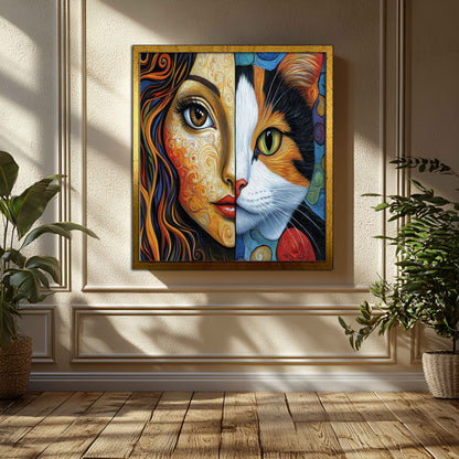 Soul Bond | Vibrant Impasto Woman and Cat Split Portrait Canvas Art
