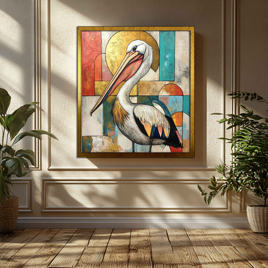 Aurelian Grace: Abstract Pelican Mixed-Media Canvas Art