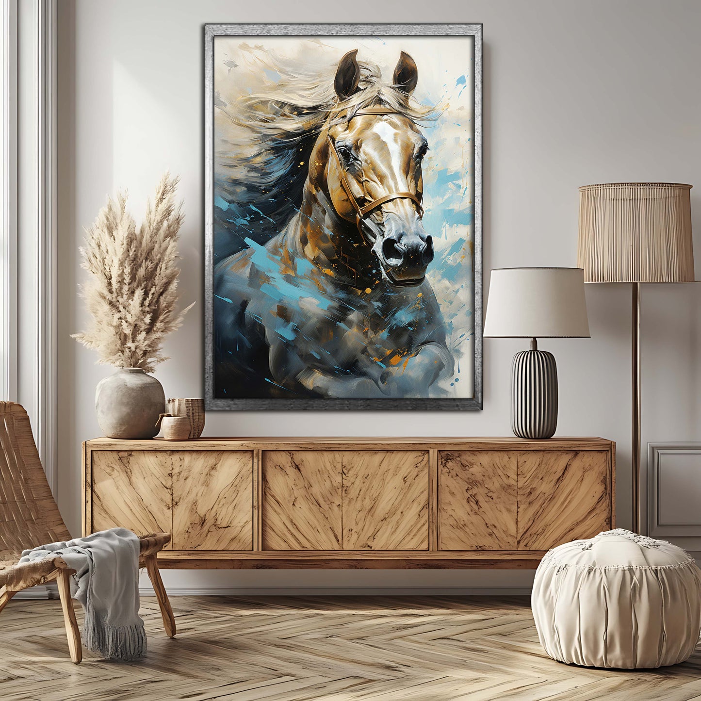 Dynamic Elegance: Golden and Blue Abstract Horse Canvas Painting
