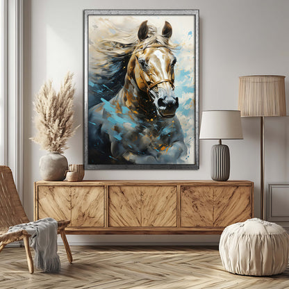 Dynamic Elegance: Golden and Blue Abstract Horse Canvas Painting