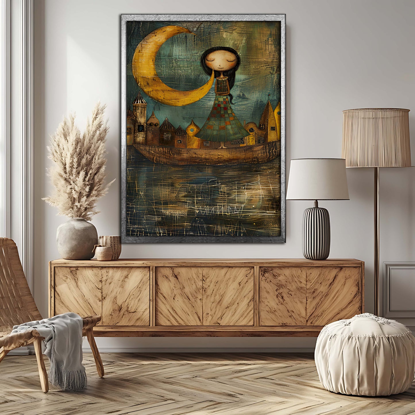 Whimsical Moon Maiden & Floating Town - Folk Art Canvas Painting