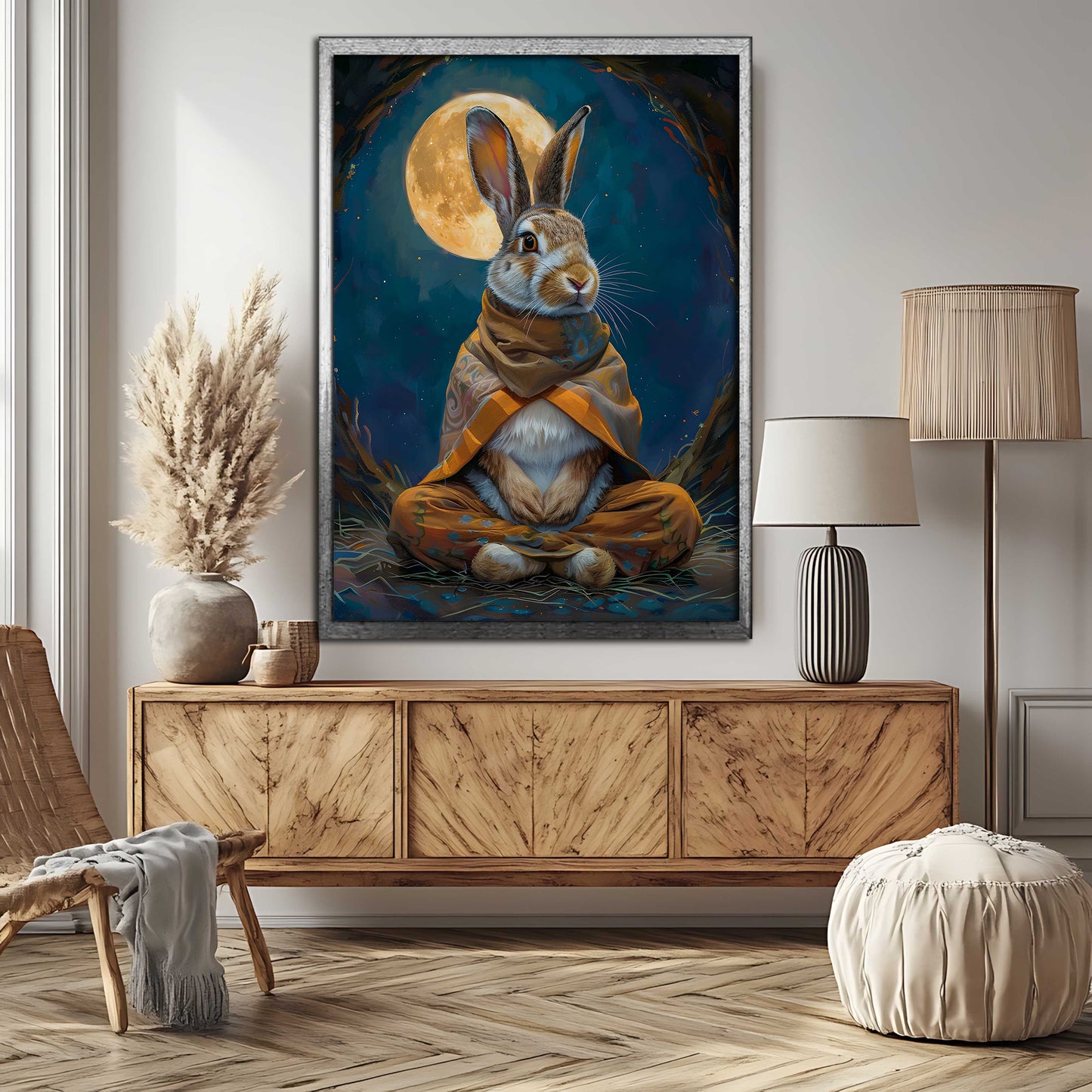 Meditating Hare Under Full Moon – Fantasy Animal Canvas Print