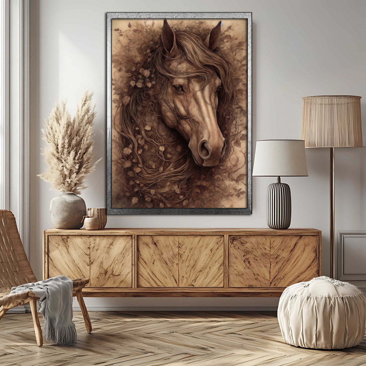 "Forest Spirit" – Rustic Sepia Horse with Botanical Mane Canvas Wall Art