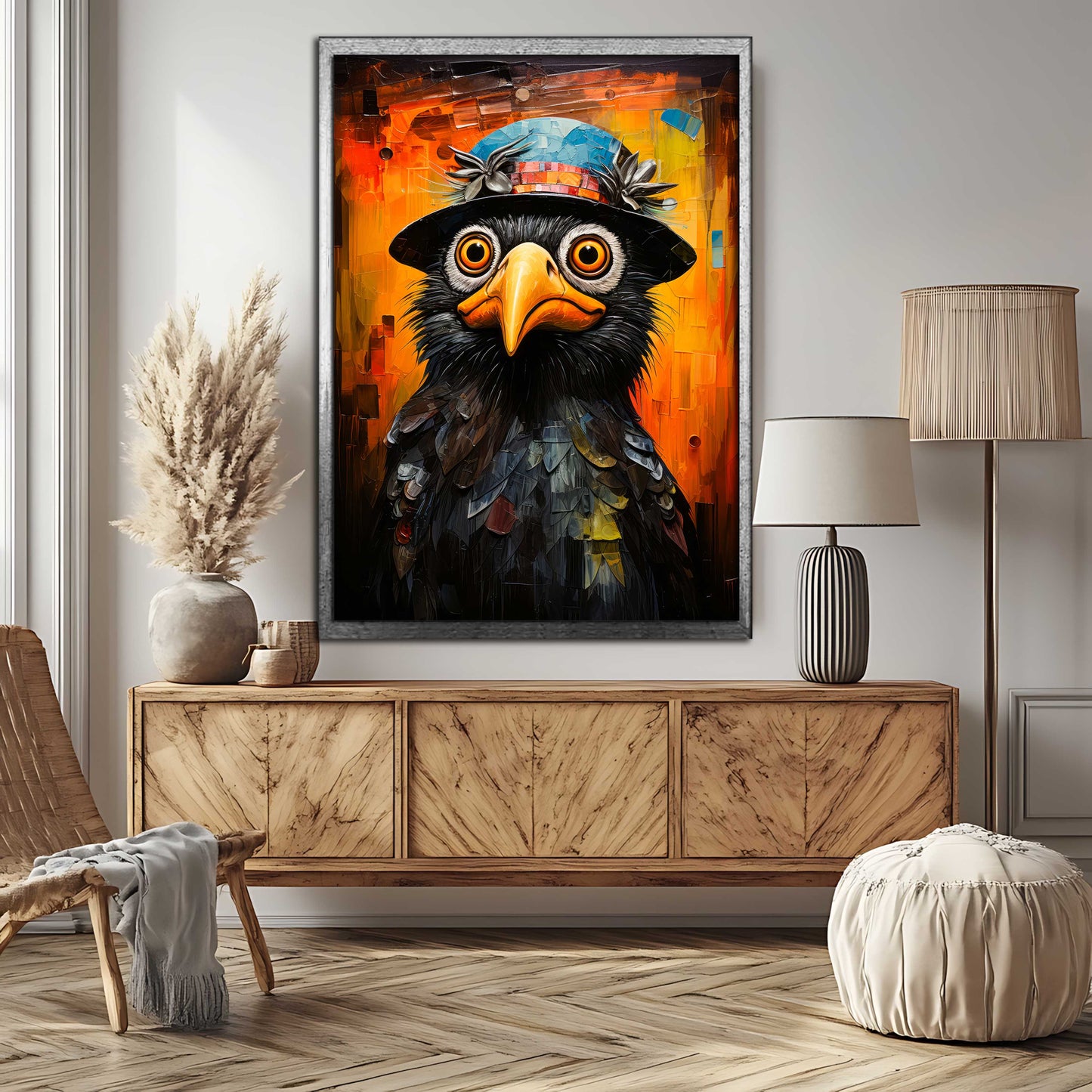 Whimsical Crow in Mosaic Top Hat – Vibrant Canvas Wall Art