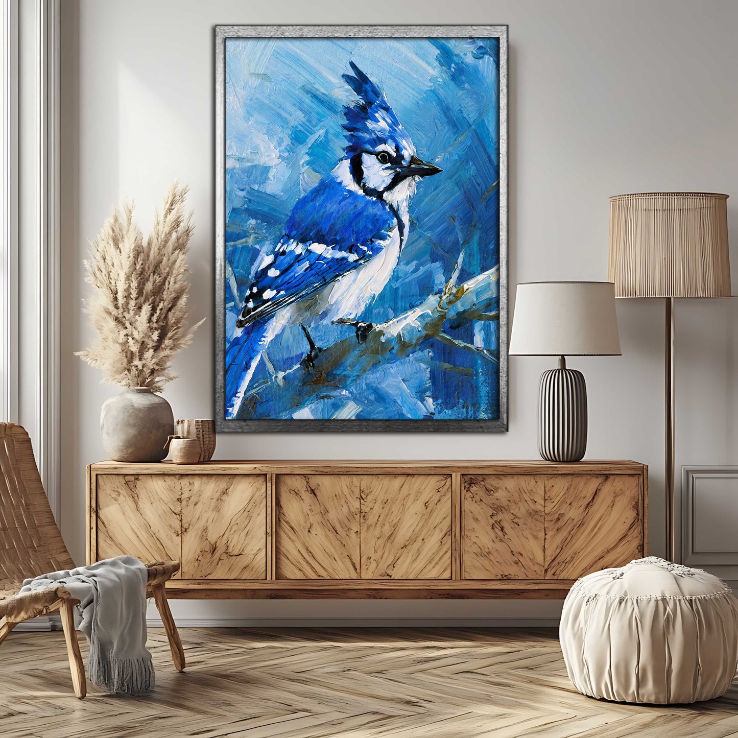 Impasto Blue Jay on a Winter Branch - Textured Canvas Painting