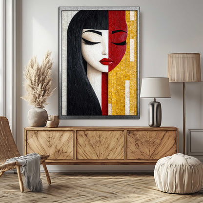 Abstract Split-Face Mosaic Woman Portrait – Black, Red, & Gold Canvas Wall Art