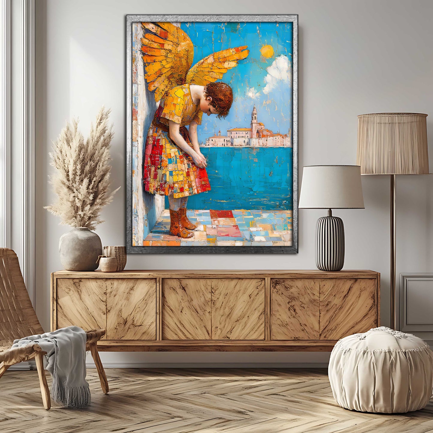 "The Contemplative Angel" - Heavily Textured Golden Wings Canvas Painting