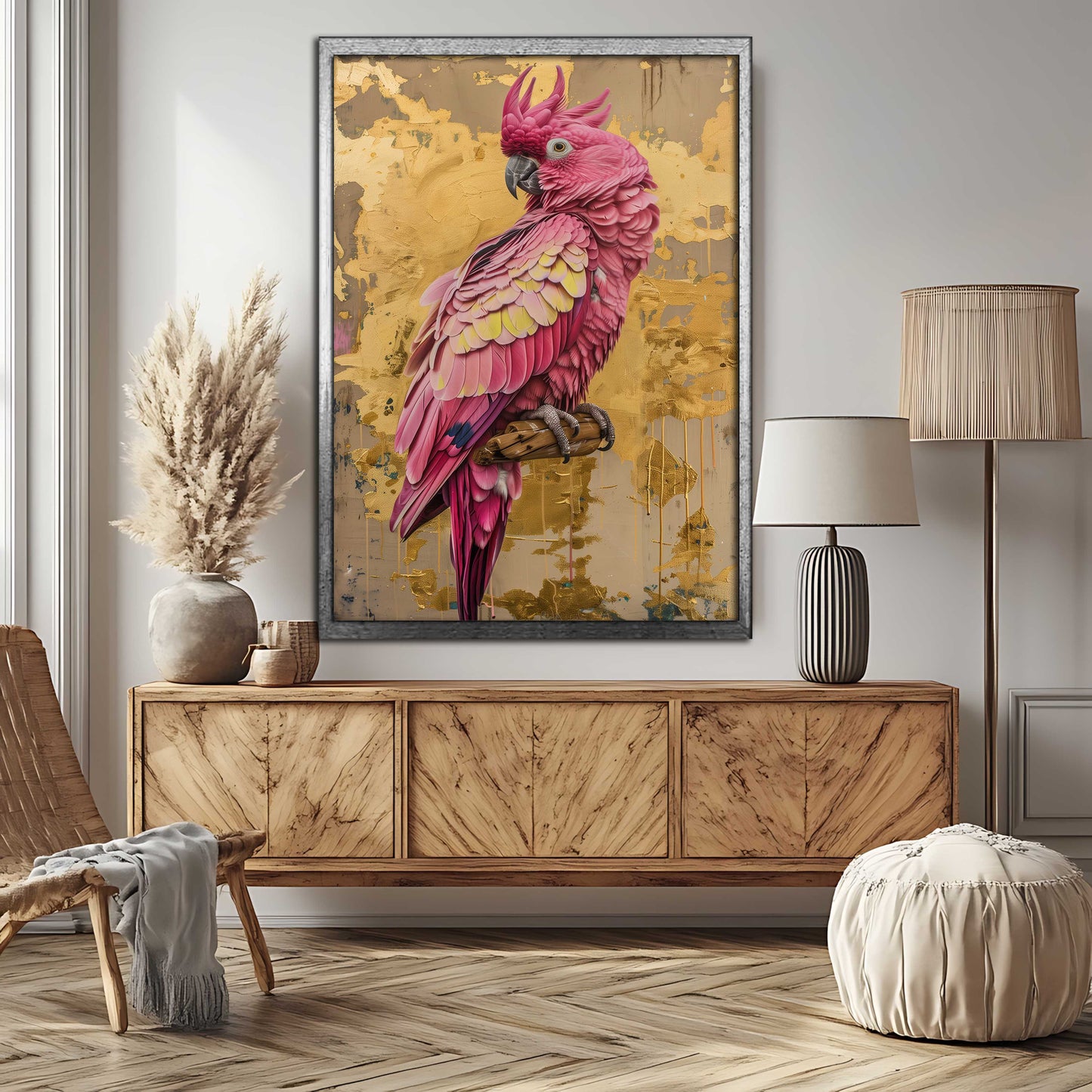 "The Gilded Galah" – Textured Pink Cockatoo & Abstract Gold Leaf Canvas Painting