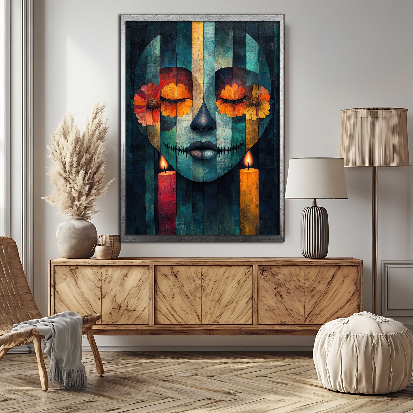 Mystic Calavera: Abstract Día de los Muertos Canvas Painting with Marigolds & Candles
