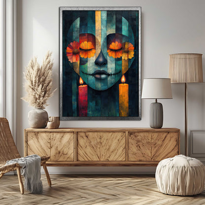 Mystic Calavera: Abstract Día de los Muertos Canvas Painting with Marigolds & Candles