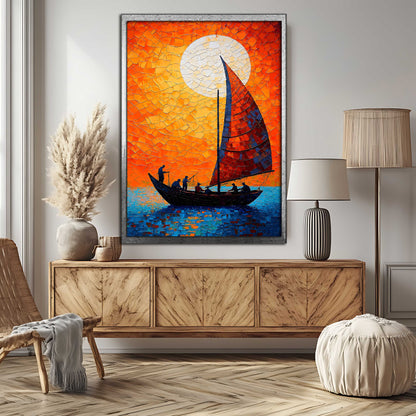 Fiery Sunset Sailboat – Textured Impasto Palette Knife Oil Painting on Canvas