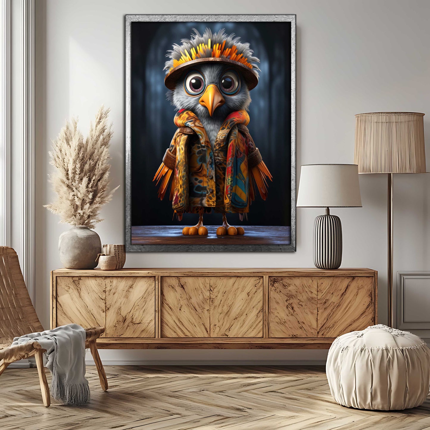 Whimsical Owl in Colorful Patterned Jacket - Canvas Painting