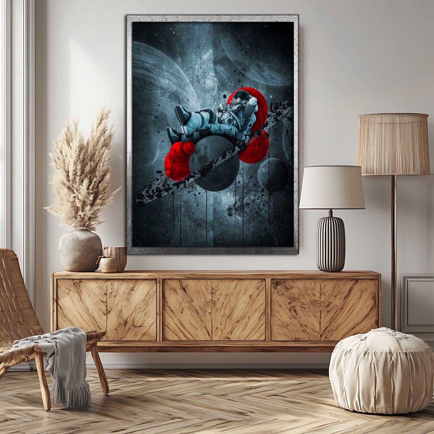 Surreal Astronaut in Red Sphere Space Canvas Painting