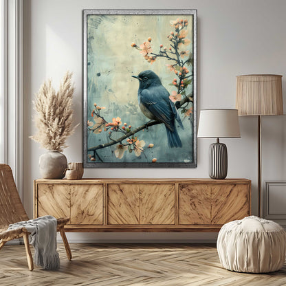 Vintage Blue Bird on Blossom Branch Canvas Painting
