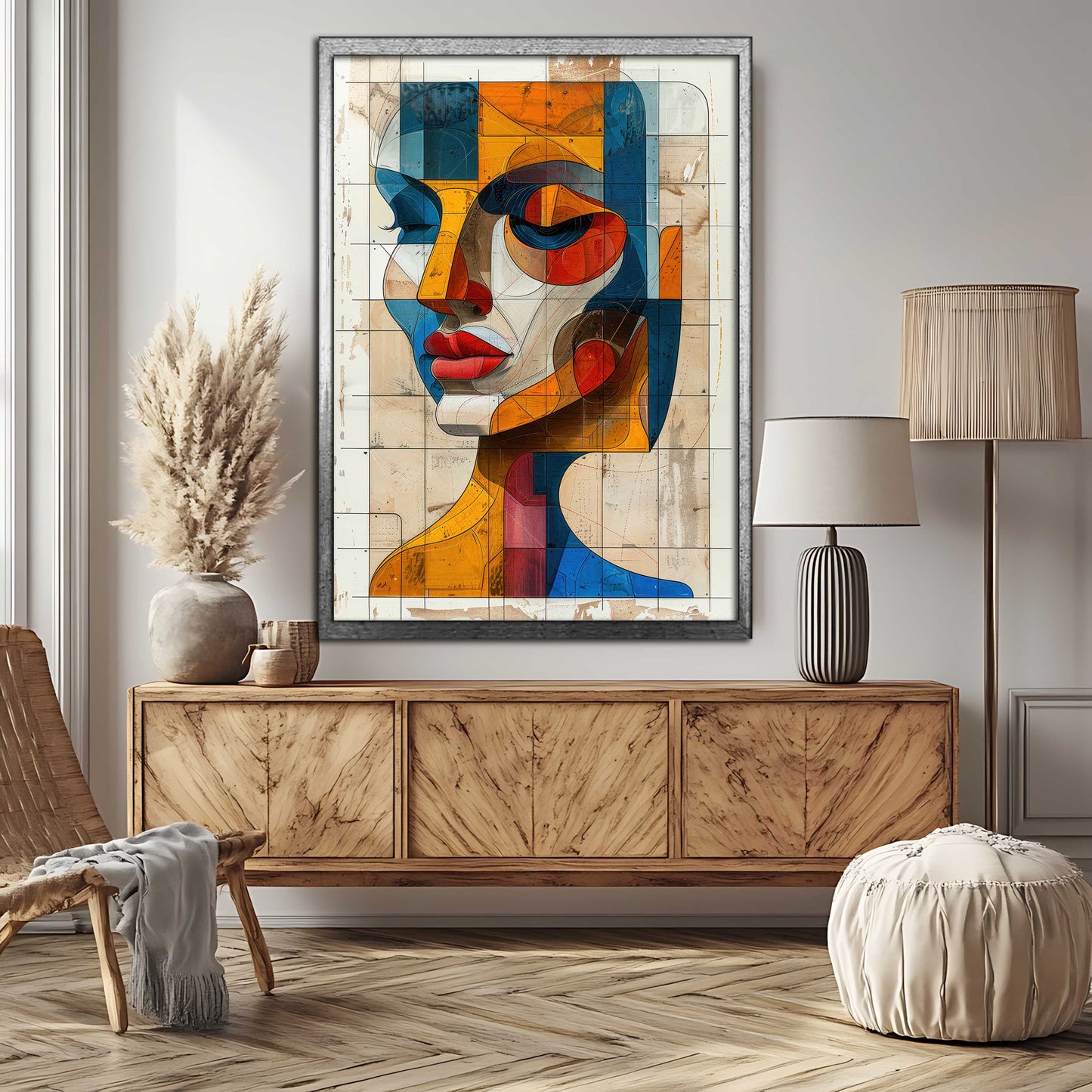 Architectural Abstract Face Canvas Painting - Geometric Cubist Portrait Wall Art
