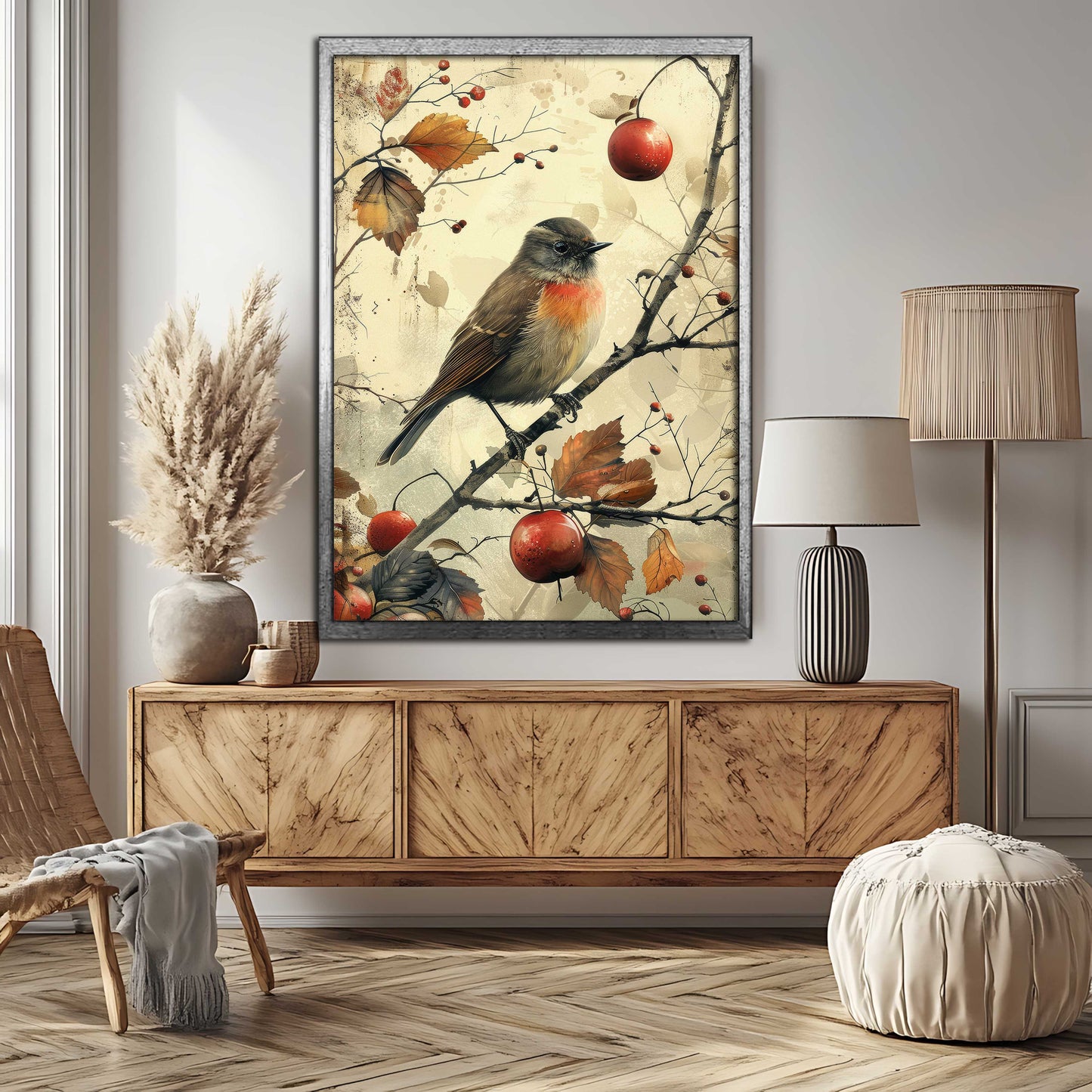 Vintage Autumn Robin & Berries - Rustic Canvas Wall Art