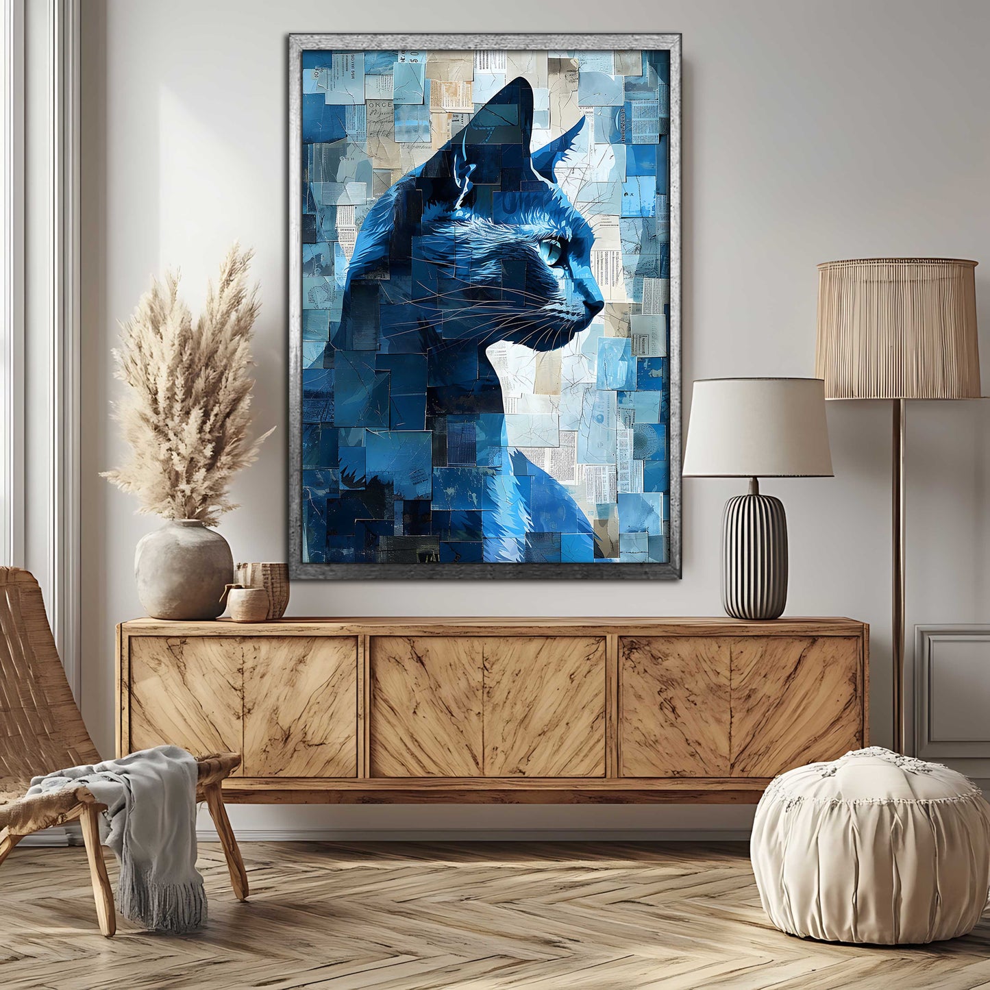Abstract Blue Cat Collage – Mixed Media Style Canvas Art