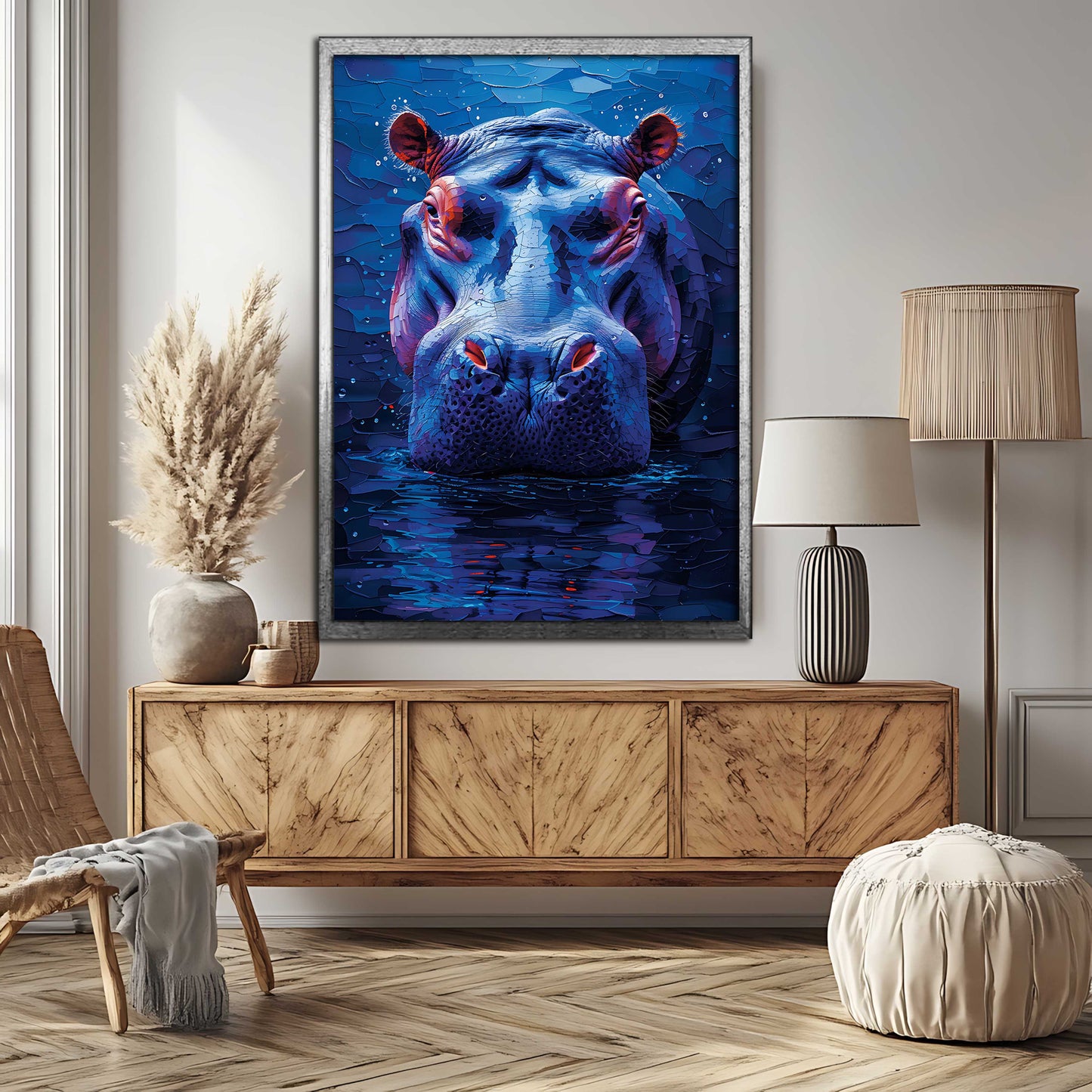 "Midnight Hippo: Textured Mosaic Canvas Painting"