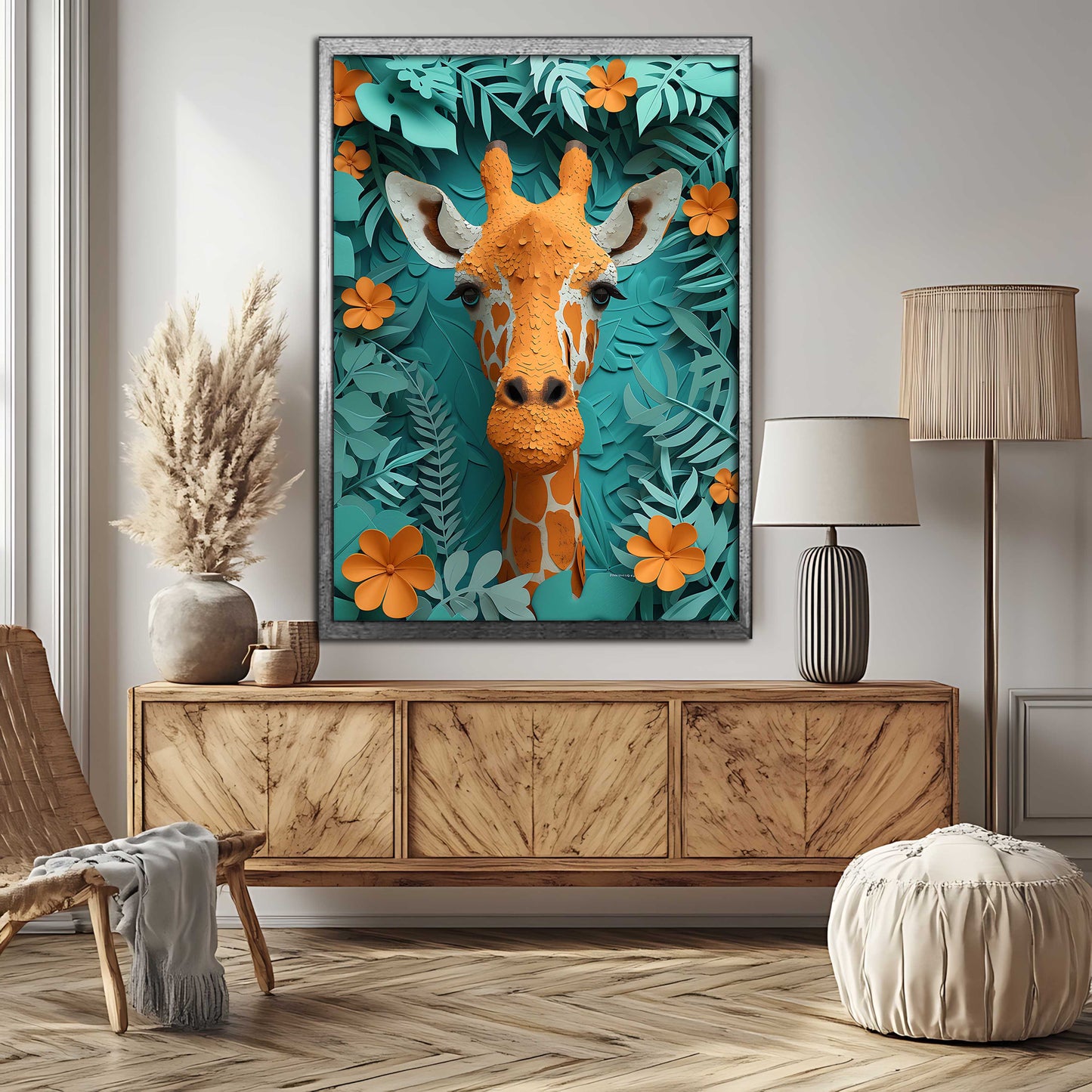 Whimsical Paper-Cut Style Giraffe Canvas Wall Art - Orange & Teal Jungle Decor