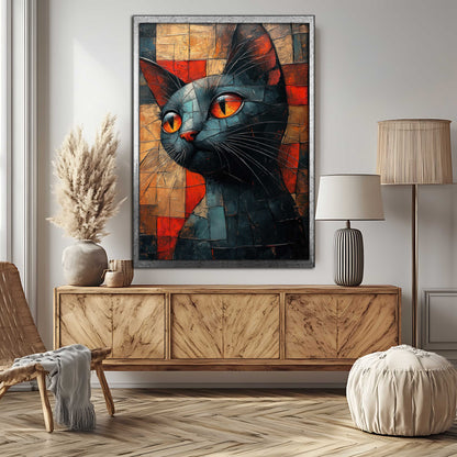 Abstract Cubist Cat Canvas Painting - Modern Geometric Wall Art