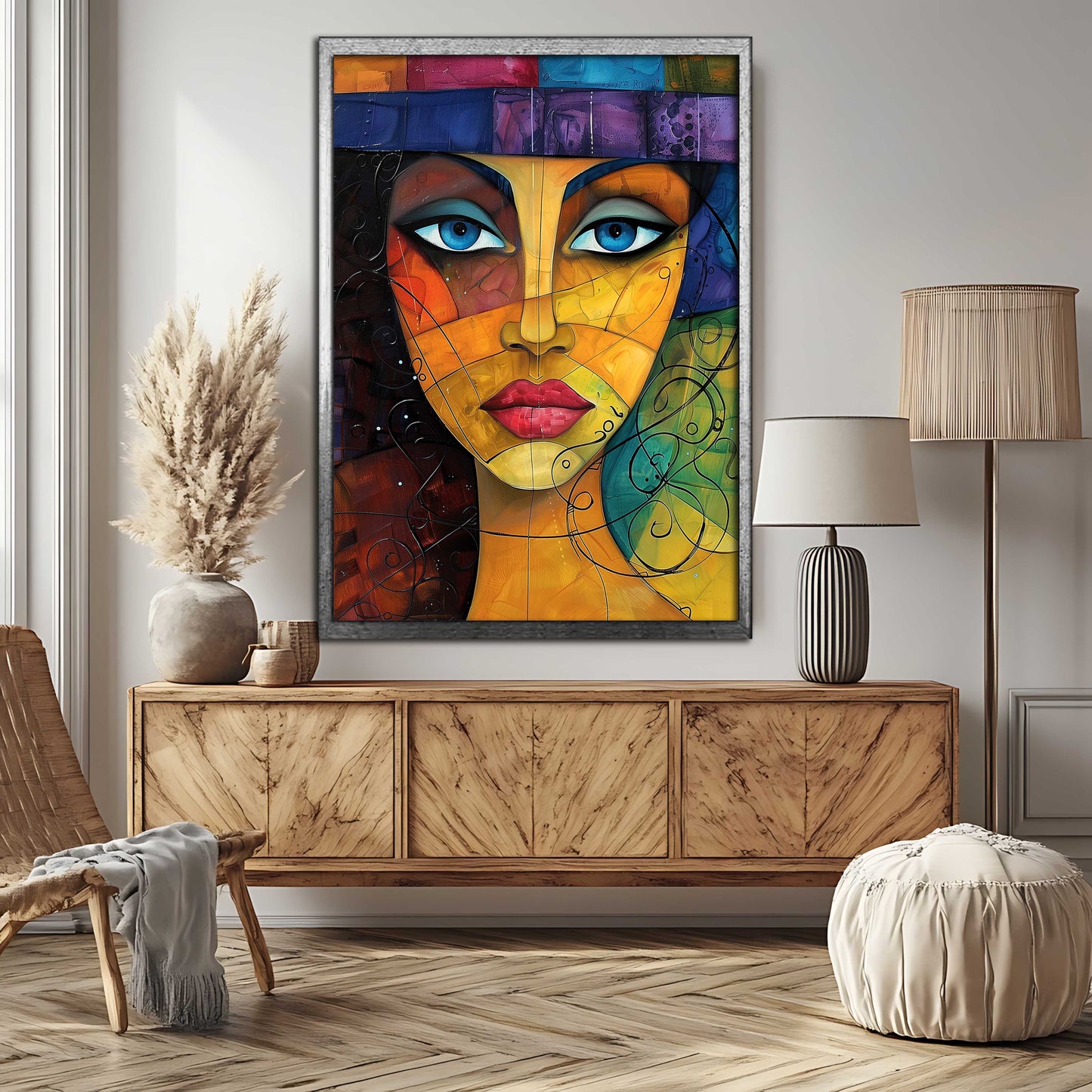 Vibrant Cubist Portrait: Abstract Woman's Face Canvas Painting