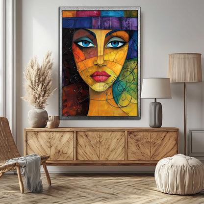 Vibrant Cubist Portrait: Abstract Woman's Face Canvas Painting