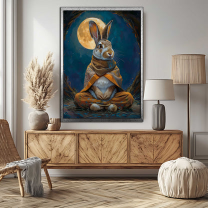 The Moonlit Zen Rabbit: Mystical Meditation Canvas Art